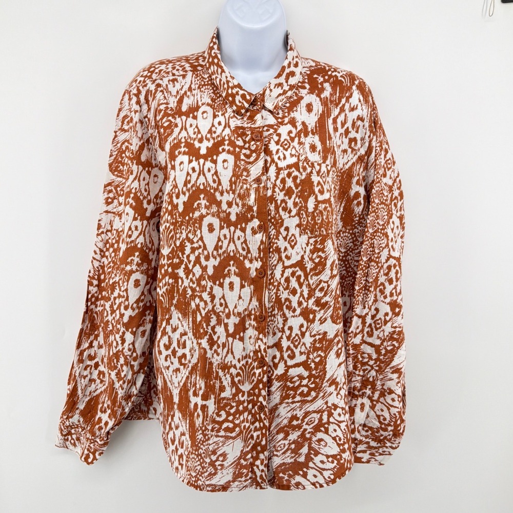 Garnet Hill 100% Linen Button Down Shirt Blouse Womens 14 Rust Terracotta Ikat